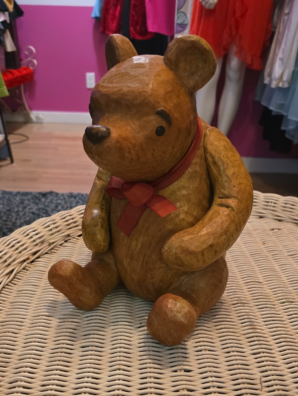 Vintage Wood Disney Winnie The Pooh Bear Figurine with Red Ribbon